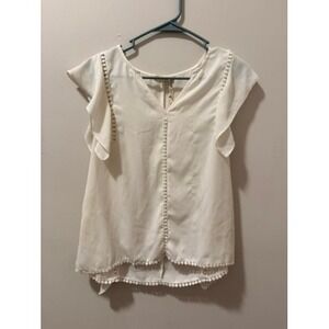 BLYTHEA Womens White Flutter Sleeve Pom Pom Trim Blouse Top Size S